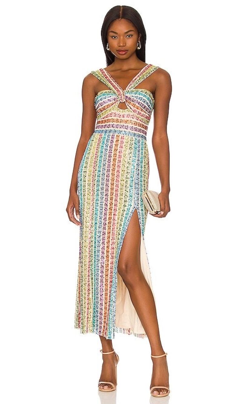SAYLOR Eli Rainbow Sequin Stripe Column Dress Cutout Midi NWT